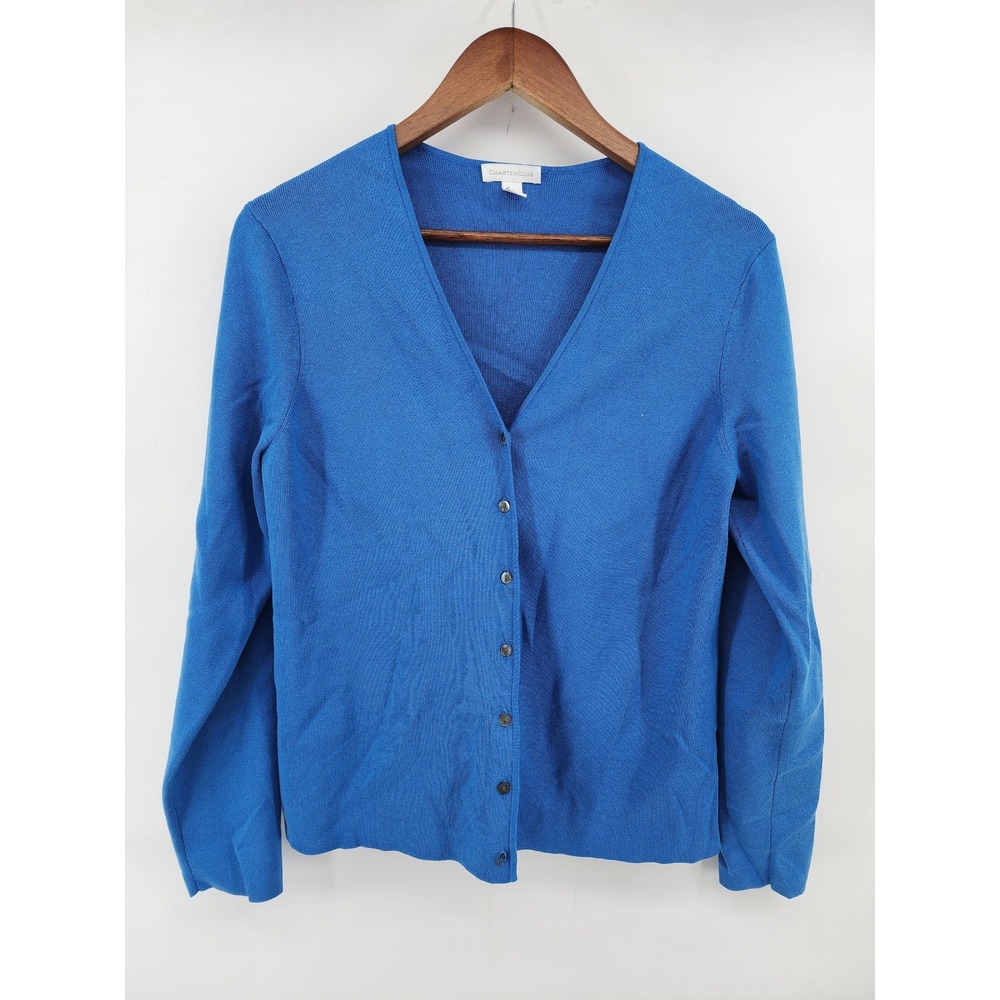 Charter Club Blue Silk Blend V-Neck Cardigan Sweater Large